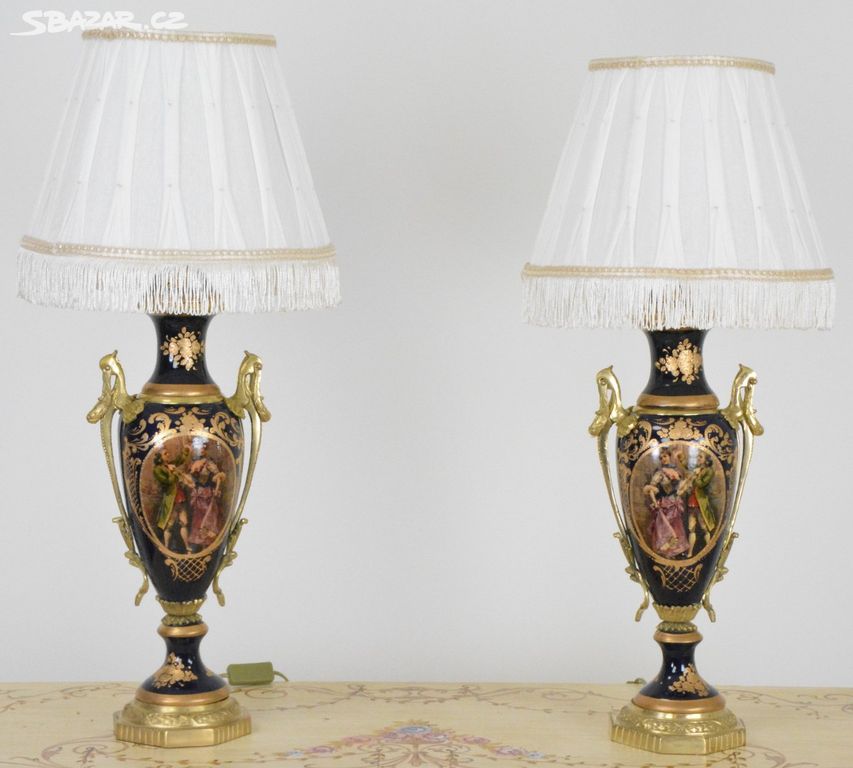 Zámecké stolní lampy se stínidlem - porcelán+bronz