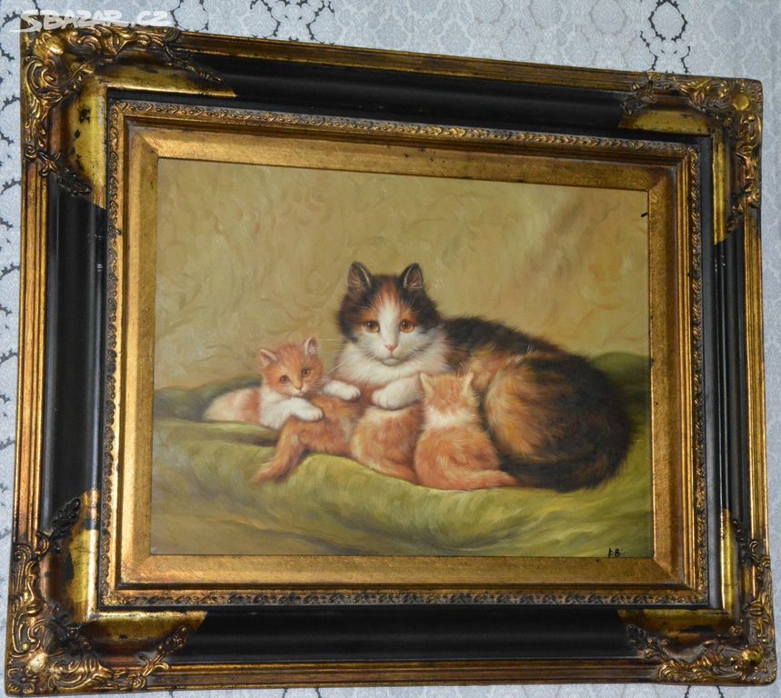 Zámecký obraz - Kočka a koťata - olej na desce