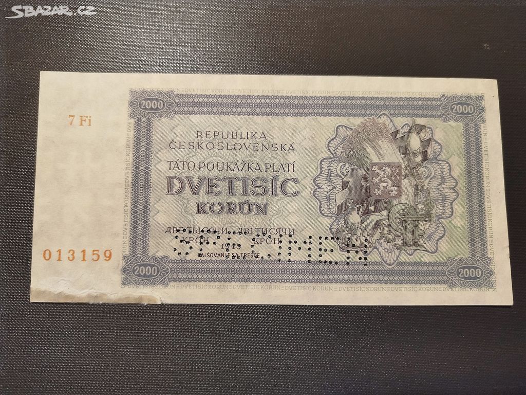 Bankovka ČSR 2000 Koruna 1945, Specimen dole