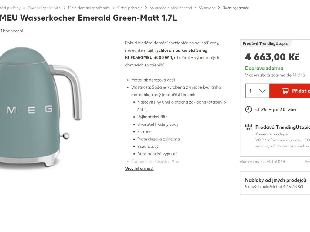 SMEG rychlovarná konvice Emerald Green