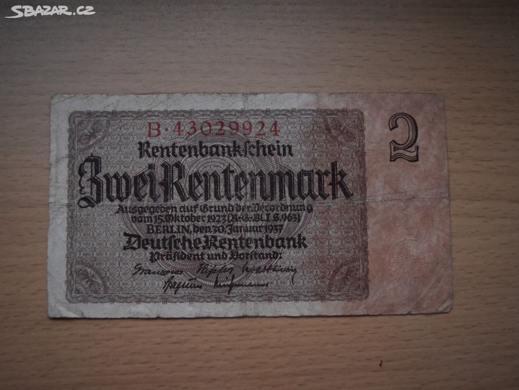 Bankovka 2 Rentenmark Německo 1937