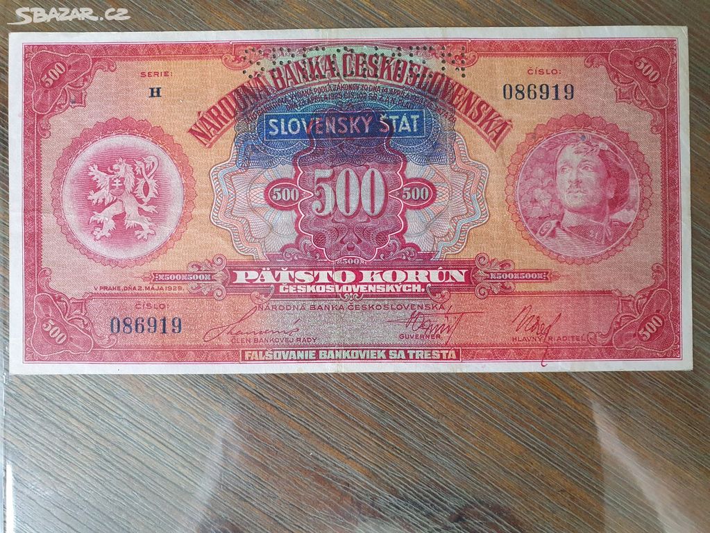 Bankovka 500 Ks s přetiskem Slovenský stát 1939