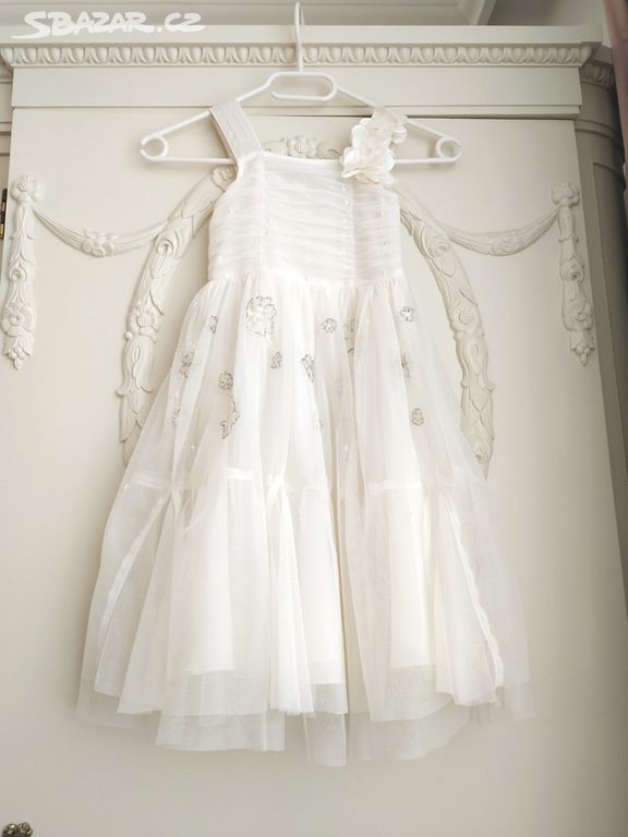 Dlouhé bílé tylové vyšívané šaty Next 104 družička