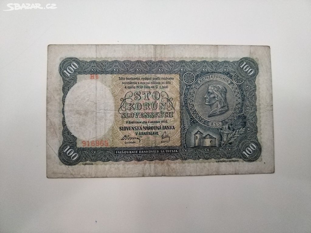 Bankovka Slovensko - 100 Korun 1940 - 2. sv. válka