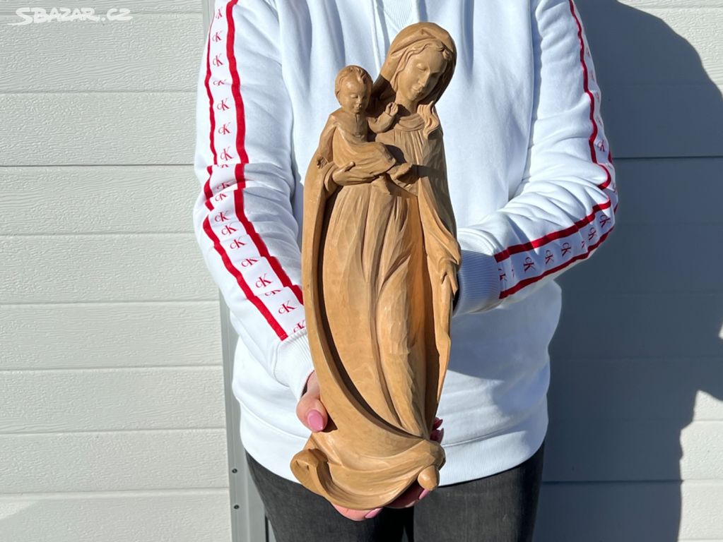 Dřevěná nástěnná socha Panna Marie s jezulátkem