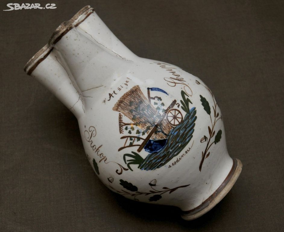 Starožitný keramický malovaný selský džbán
