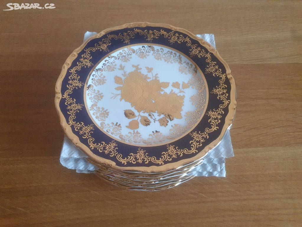 Dezertní talíře kobalt zlatá růže 17 cm