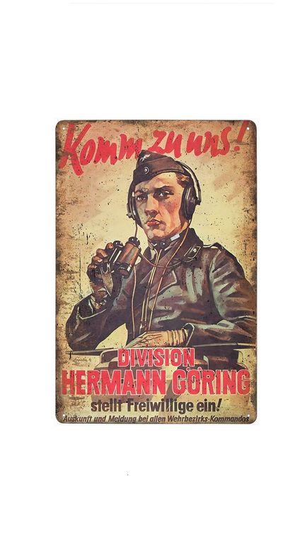 plechová cedule: Divize Hermann Göring-Přijď k nám