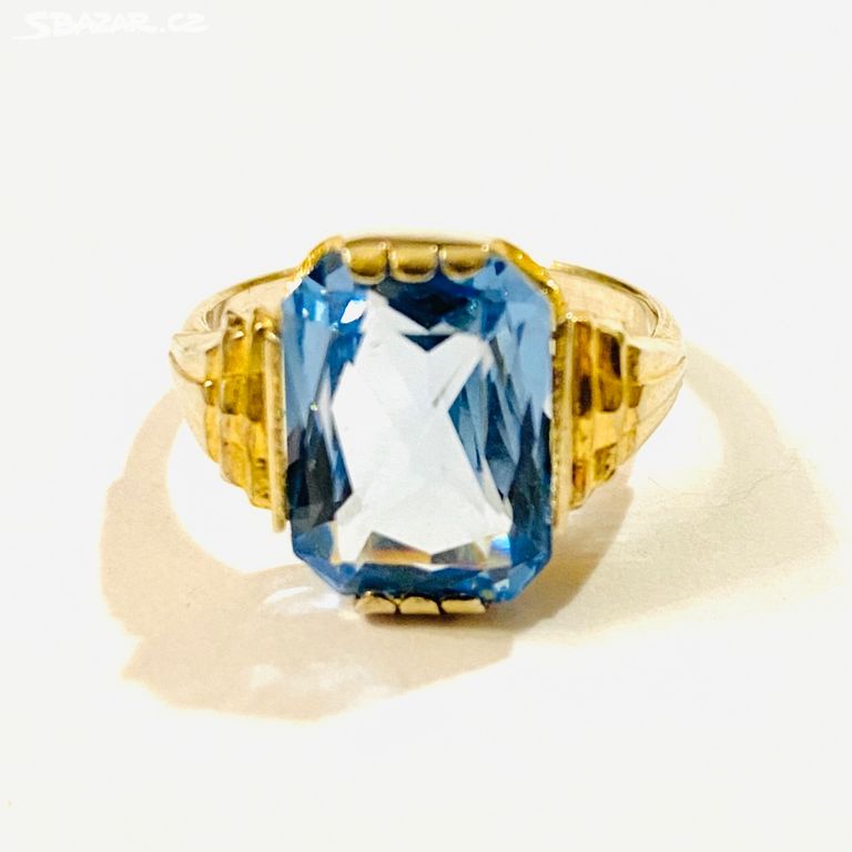 Stříbrný zl. ART-DECO prsten, modrý kámen, Ag 800