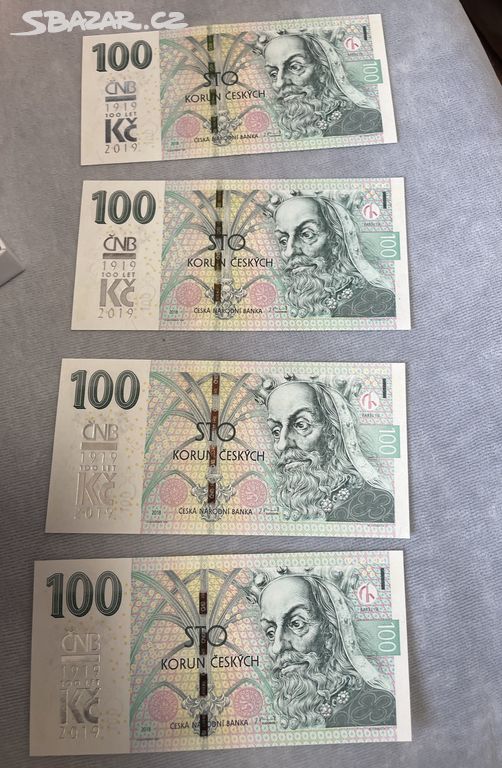 4x bankovka 100 Kč 2019 s přítiskem ČNB 100 LET