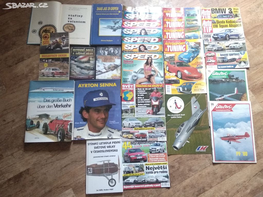 Knihy a časopisy o autech F1 a letadlech