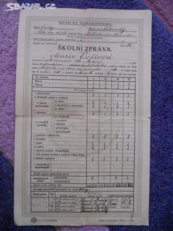 Stará školní zpráva, Tábor obecná škola, 1931/32