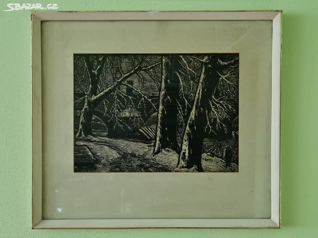 Obraz originál dřevoryt Kampa v zimě