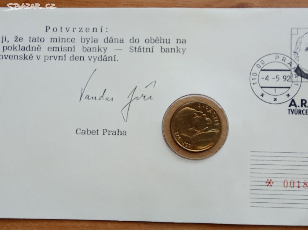 Mincovní dopis Dr.A.Rašín 10,- Kč 1992 1.den !