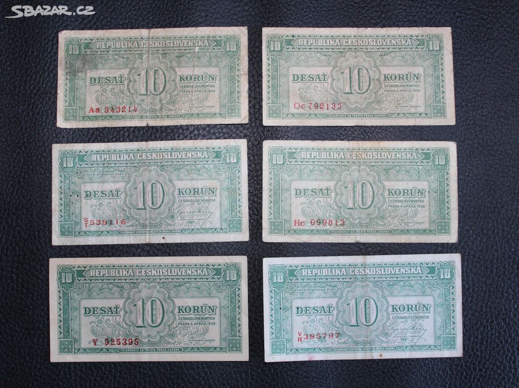 10 Kčs 1950 serie AA,OC,ST,HC,VR,Y - 6 KS