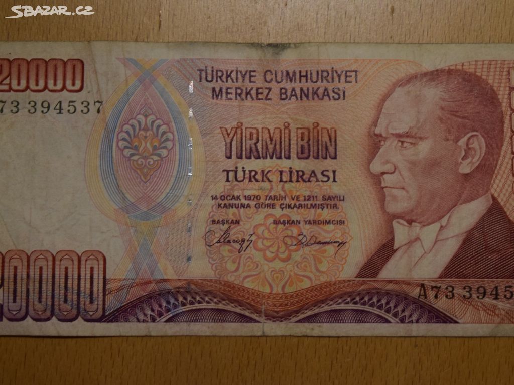 Bankovka 20000 Lirasi Turecko 1970