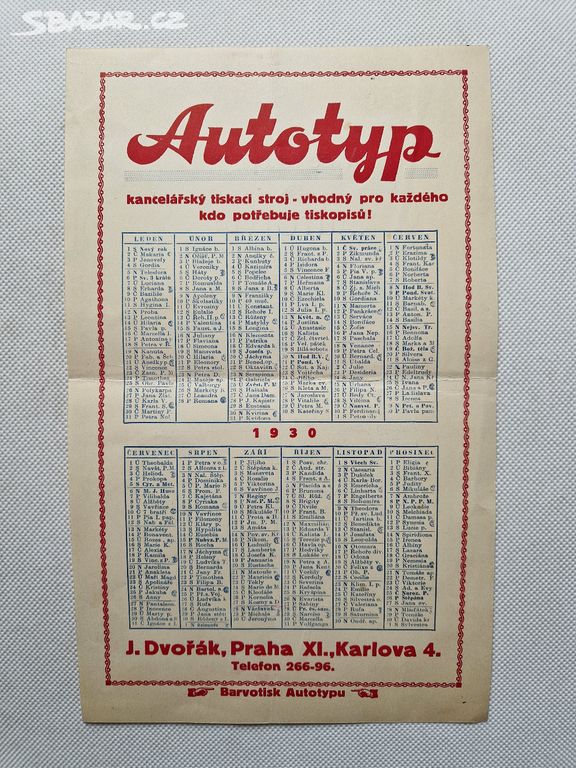 Reklamní kalendář Autotyp tiskací stroj Dvořák