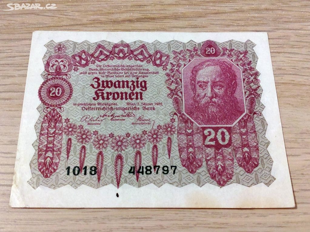 Bankovka Zwanzig Krone 1922 Rakousko