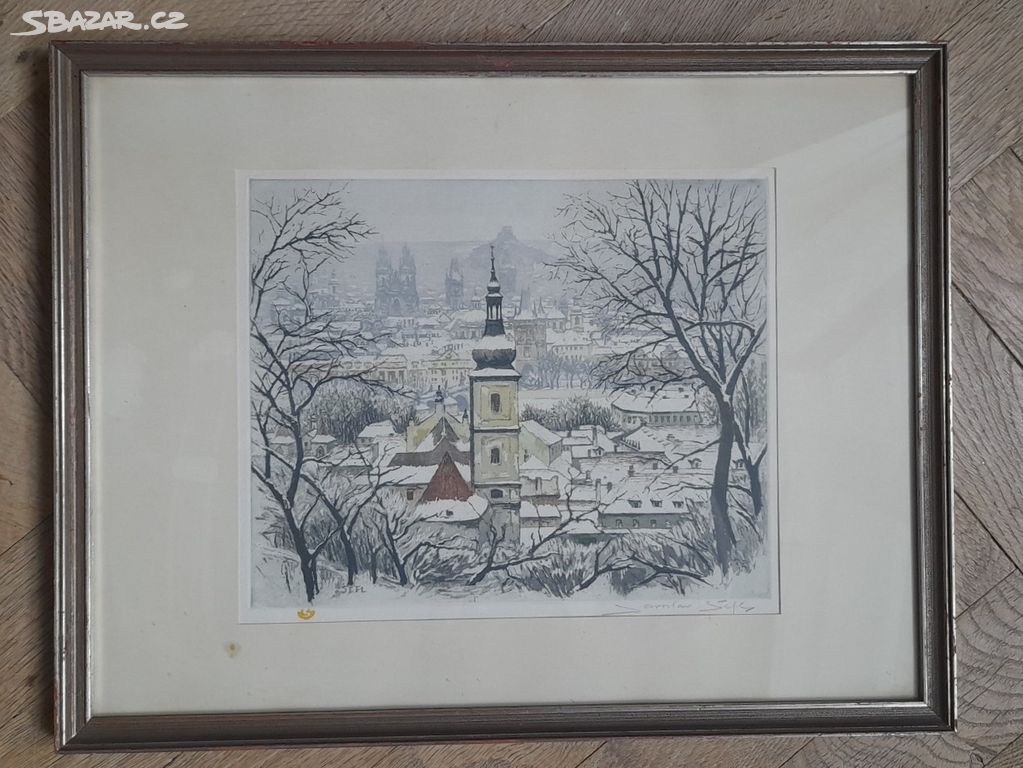 Starý obraz Jaroslav Šefl, zimní pohled na Prahu
