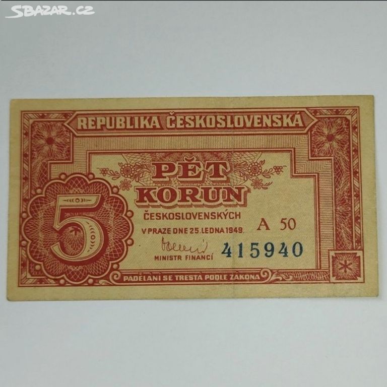 Bankovka ČSR 5 Kčs 1949