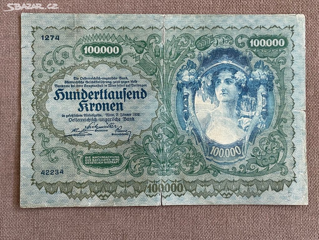 Bankovka 100000 korun Rakousko 1922