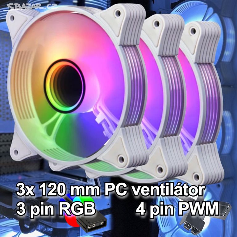 Bílý RGB PC větráček ventilátor 120mm 5V PWM (3x)
