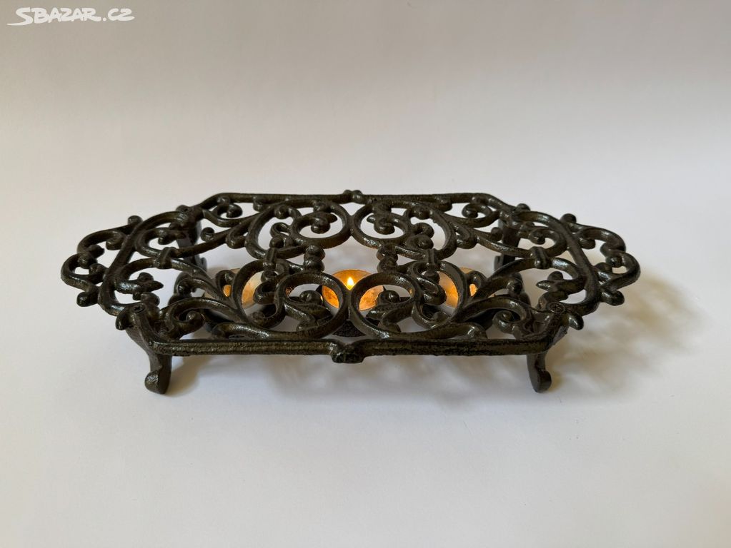 Kovový litinový ohřívač na čajovou svíčku 34 cm