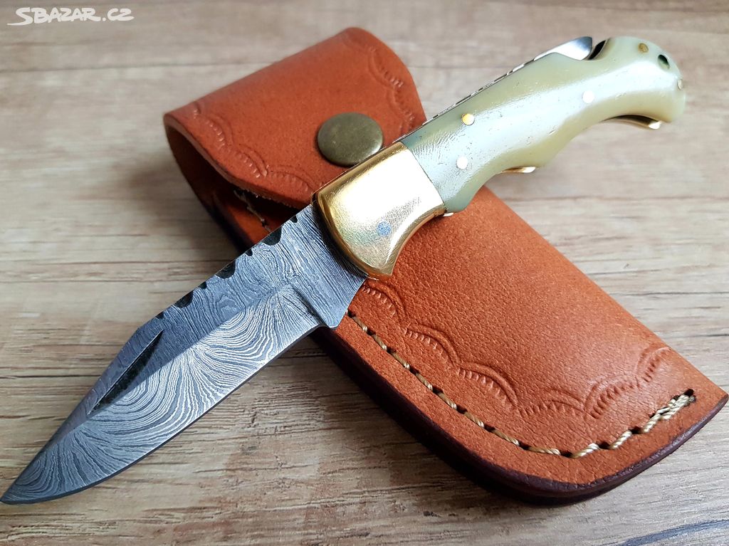 kapesní Damaškový nůž 16,5 cm s koženým pouzdrem