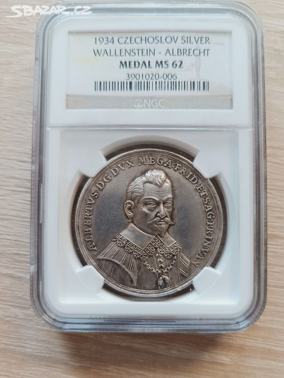 Tolarová medaile Albrecht Valdštejn 1934 NGC MS 62