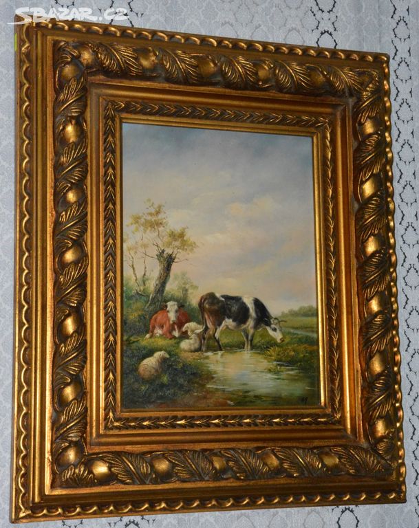 Zámecký obraz - Na pastvě - olej na desce
