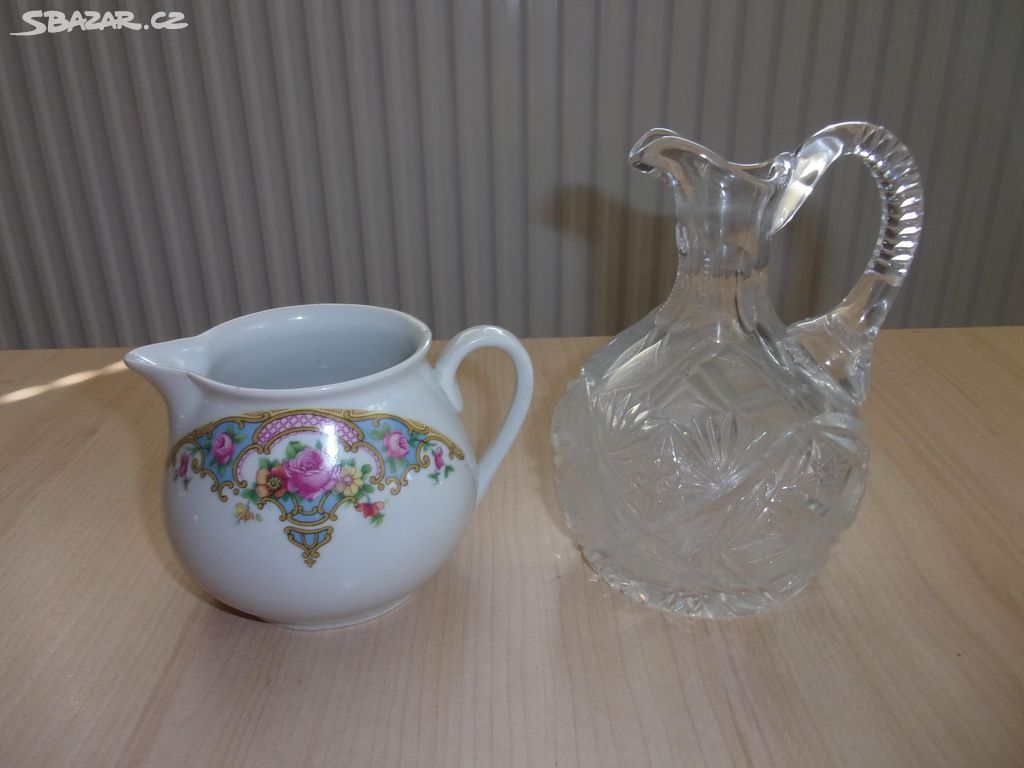 2x STARÝ DŽBÁN, DŽBÁNEK - PORCELÁN A BROUŠENÉ SKLO