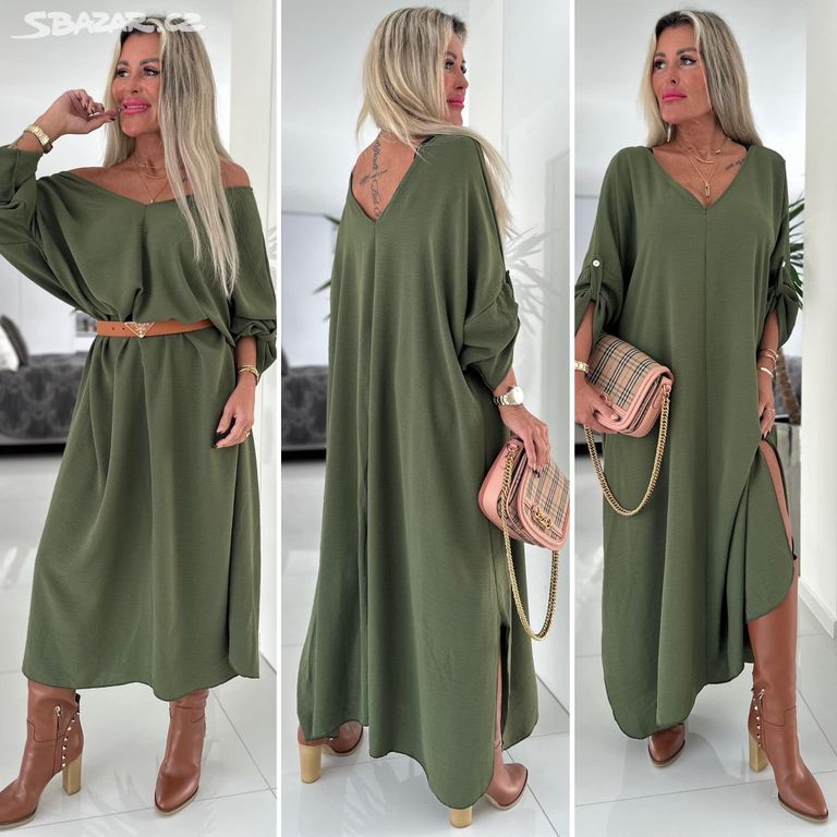 58/60 9XL Khaki nové maxi dlouhé dámské šaty