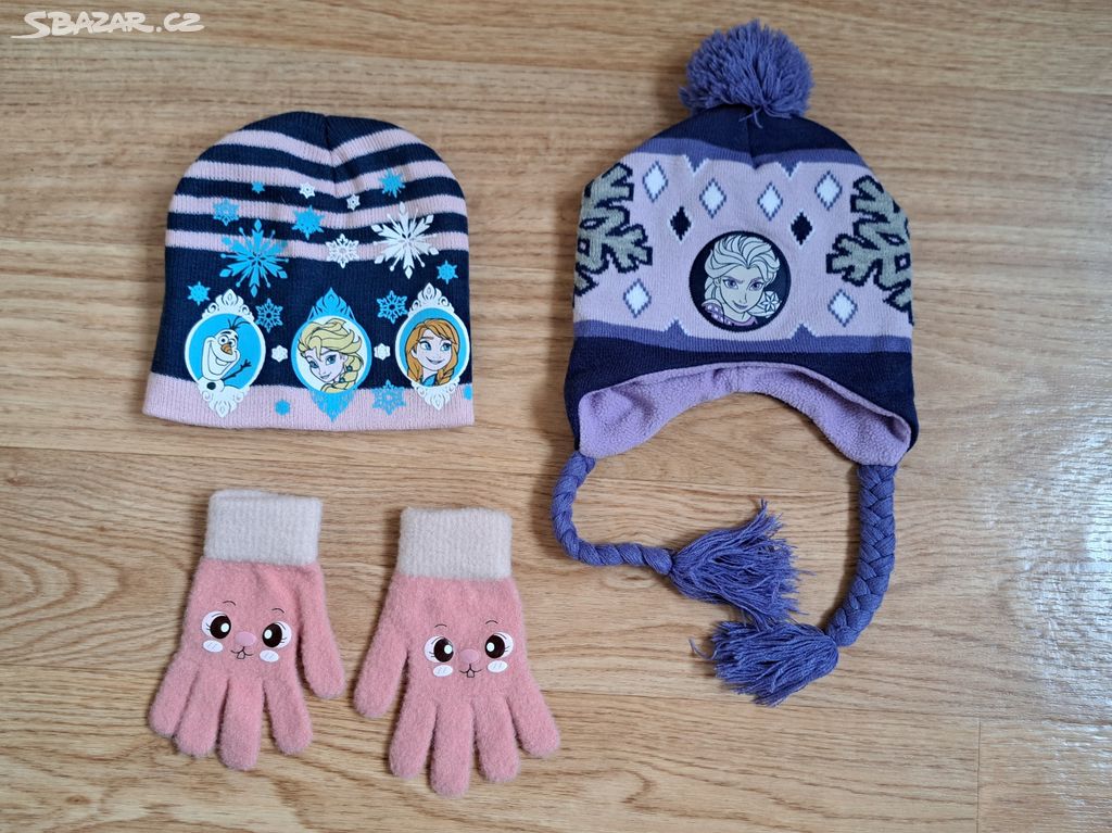 2x Dívčí zimní čepice vel. 52 a rukavice