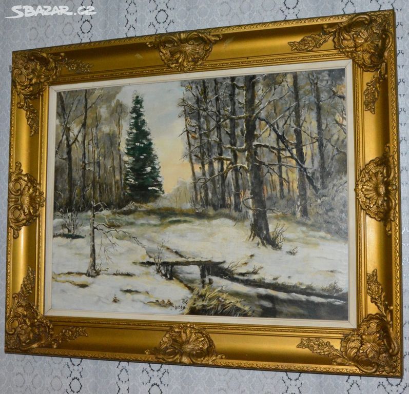 Starý obraz - Zasněžený les - olej na desce