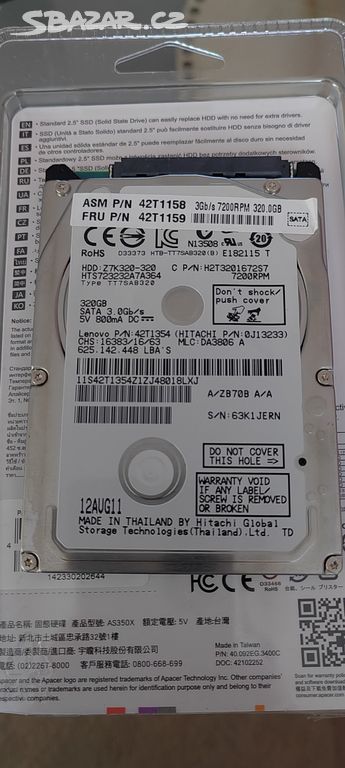 Disk HDD 2,5" 320GB Hitachi, SATA, funkční