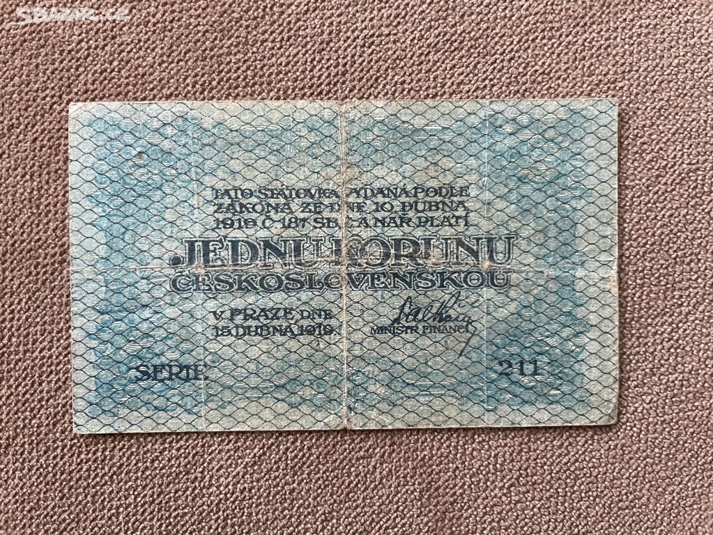 Bankovka 1 Koruna z roku 1919 - 1. republika