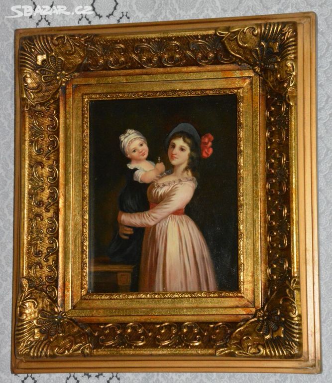 Zámecký obraz - Matka s dcerou - olej na desce