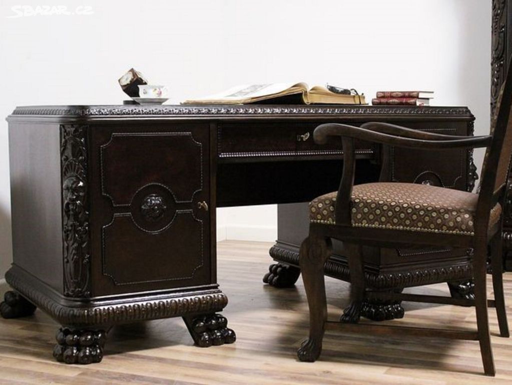 Starožitný neorenesanční psací stůl s křeslem