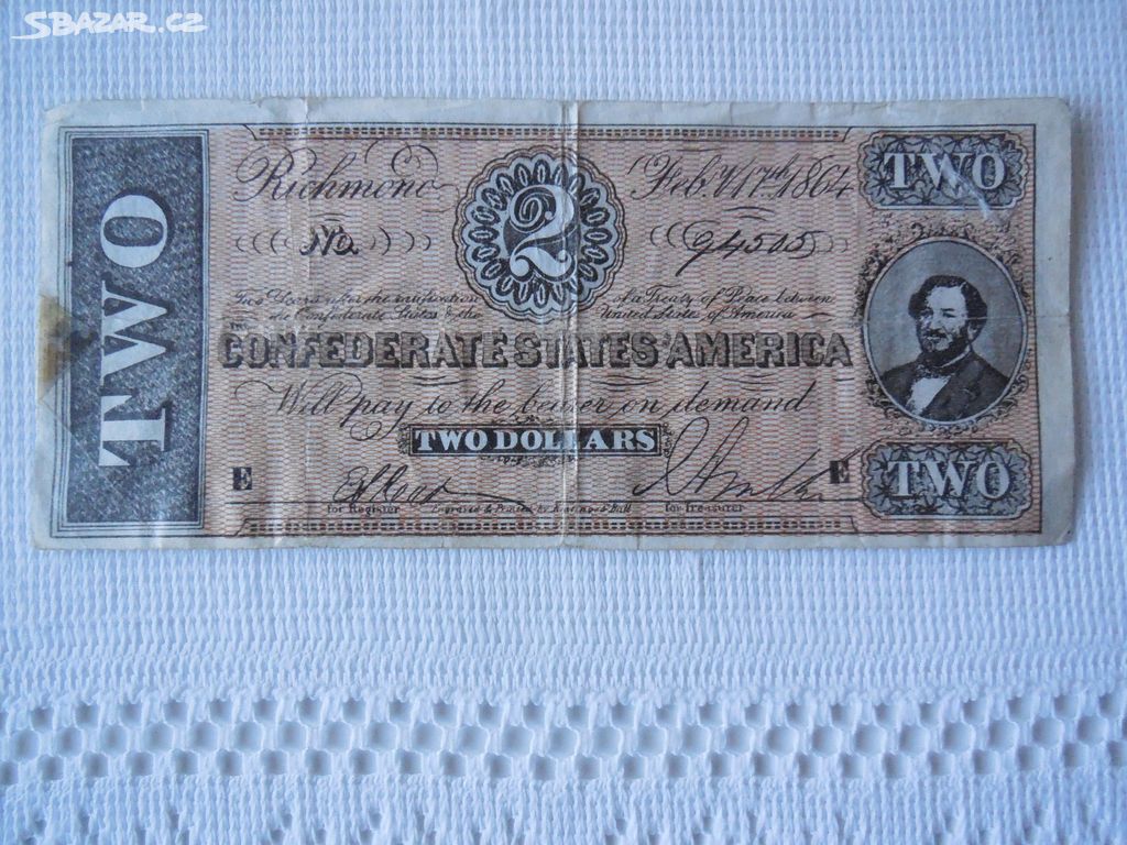 Bankovka konfederační 2 dolary 1864