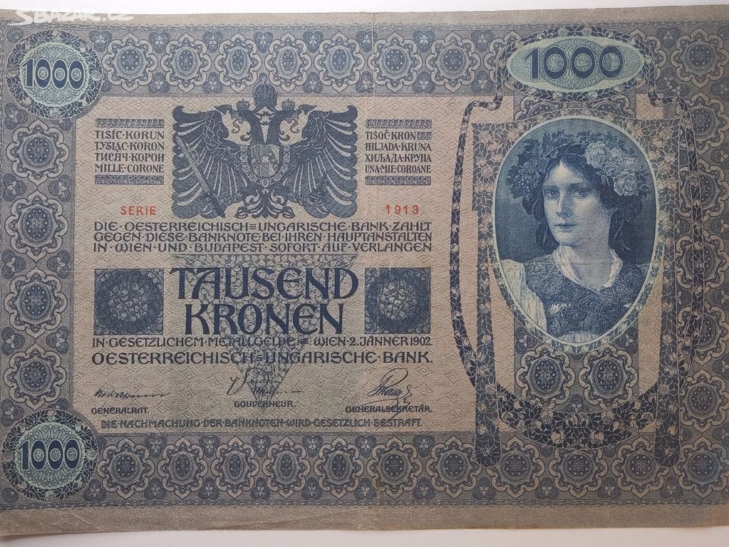 Stará Bankovka 1 000 Korun Rok 1902 Moc pěkný stav