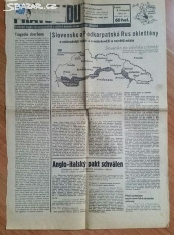 Noviny Slovensko a Podkarpatská Rus okleštěny 1938