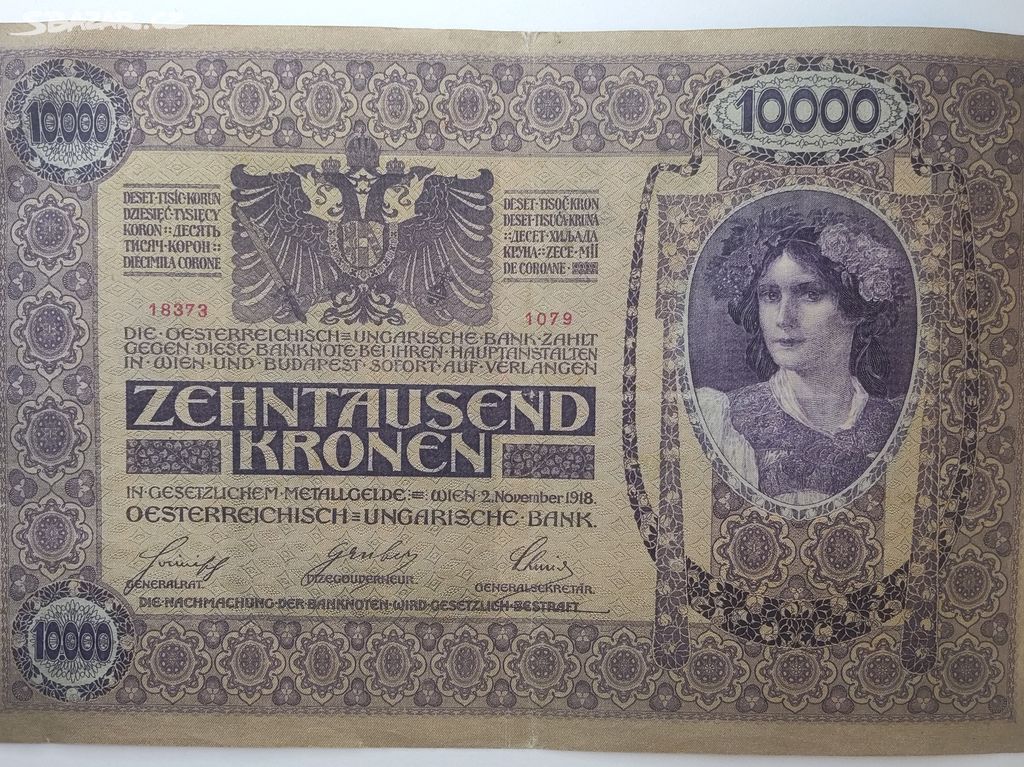 Stará Bankovka 10 000 Korun, Rok 1918, pěkný stav