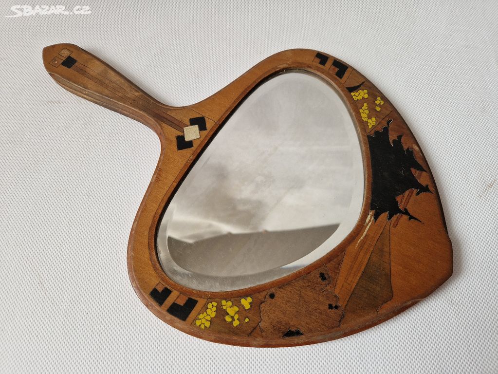 Starožitné secesní dřevěné ruční zrcátko zrcadlo