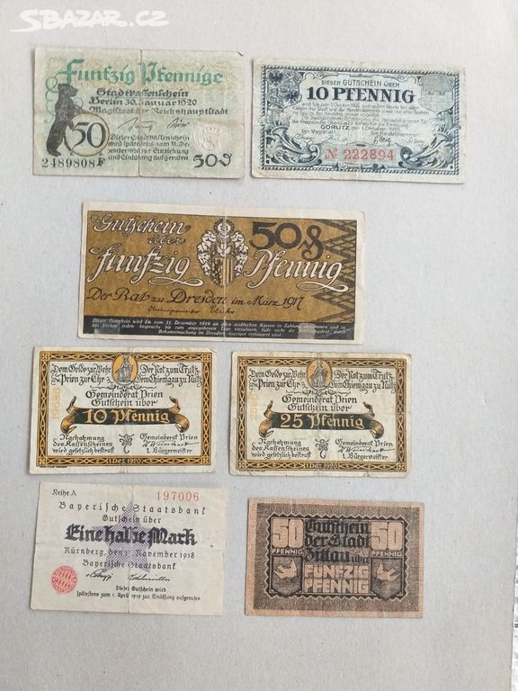 Staré německé bankovky 7 kusů z oběhu za 90,- Kč