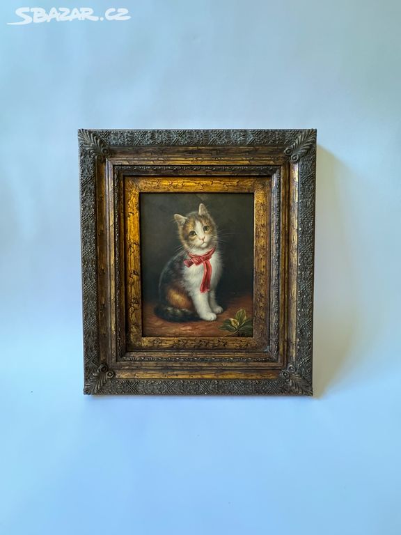 Tříbarevná kočka - obraz ve zlatém zdobeném rámu