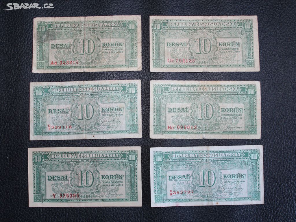 6 X 10 Kčs Koruna 1950 2bez data AA,OC,ST,HC,VR,Y