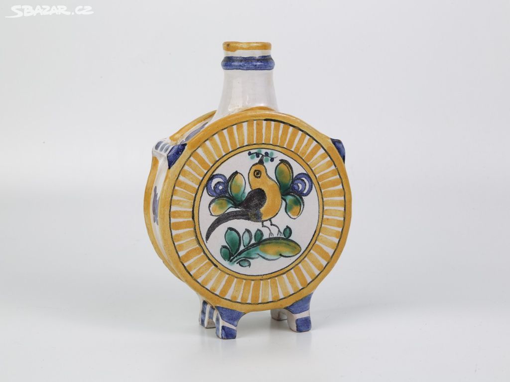 Butylka s ptáčkem malovaná - Chodská keramika