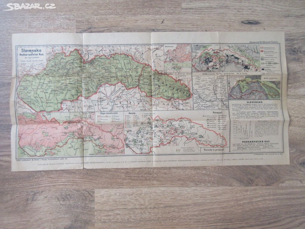 krásná stará mapa Slovensko a Podkarpatská Rus