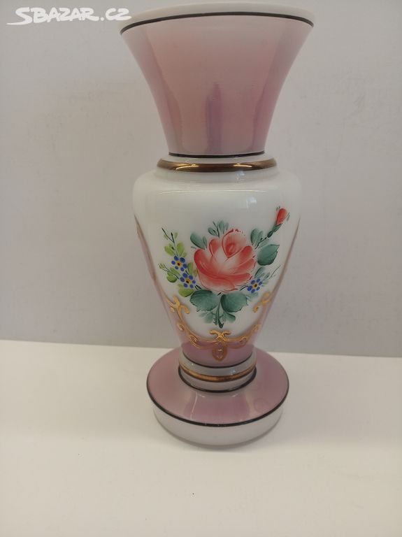 Starožitná, skleněná, ručně malovaná váza
