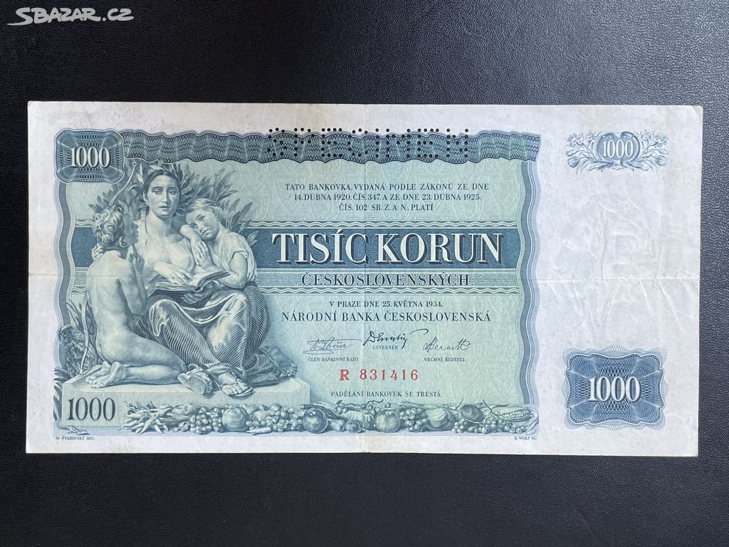 Bankovka 1000 korun z roku 1934 - 1. Republika